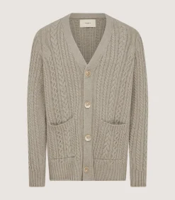 Knitwear|Purdey Men's Cashmere Cable And Rib V Neck Cardigan In Drab