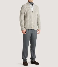 Knitwear|Purdey Men's Cashmere Cable And Rib V Neck Cardigan In Drab