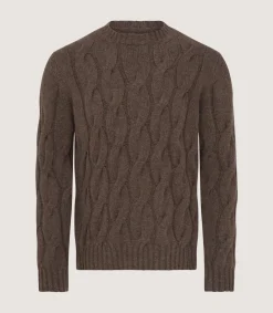 Knitwear|Purdey Men's Cashmere Loch Cable Crew Neck Sweater In Dark Taupe