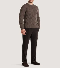 Knitwear|Purdey Men's Cashmere Loch Cable Crew Neck Sweater In Dark Taupe