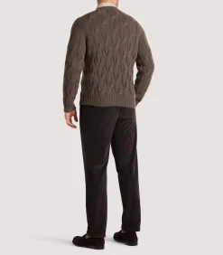 Knitwear|Purdey Men's Cashmere Loch Cable Crew Neck Sweater In Dark Taupe