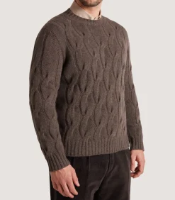 Knitwear|Purdey Men's Cashmere Loch Cable Crew Neck Sweater In Dark Taupe