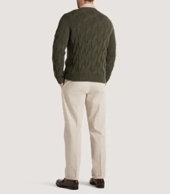 Knitwear|Purdey Men's Cashmere Loch Cable Crew Neck Sweater In Loden