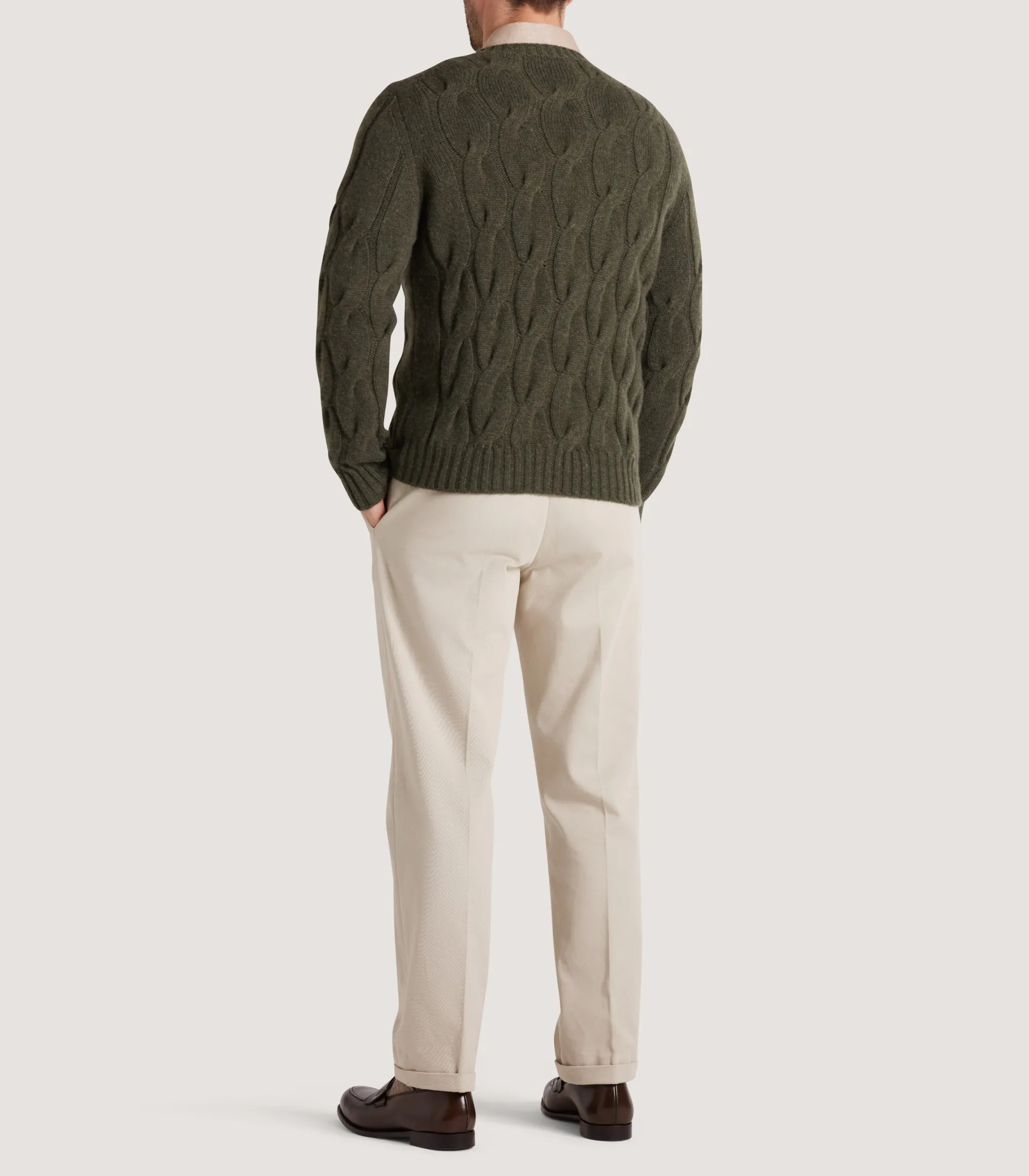 Knitwear|Purdey Men's Cashmere Loch Cable Crew Neck Sweater In Loden