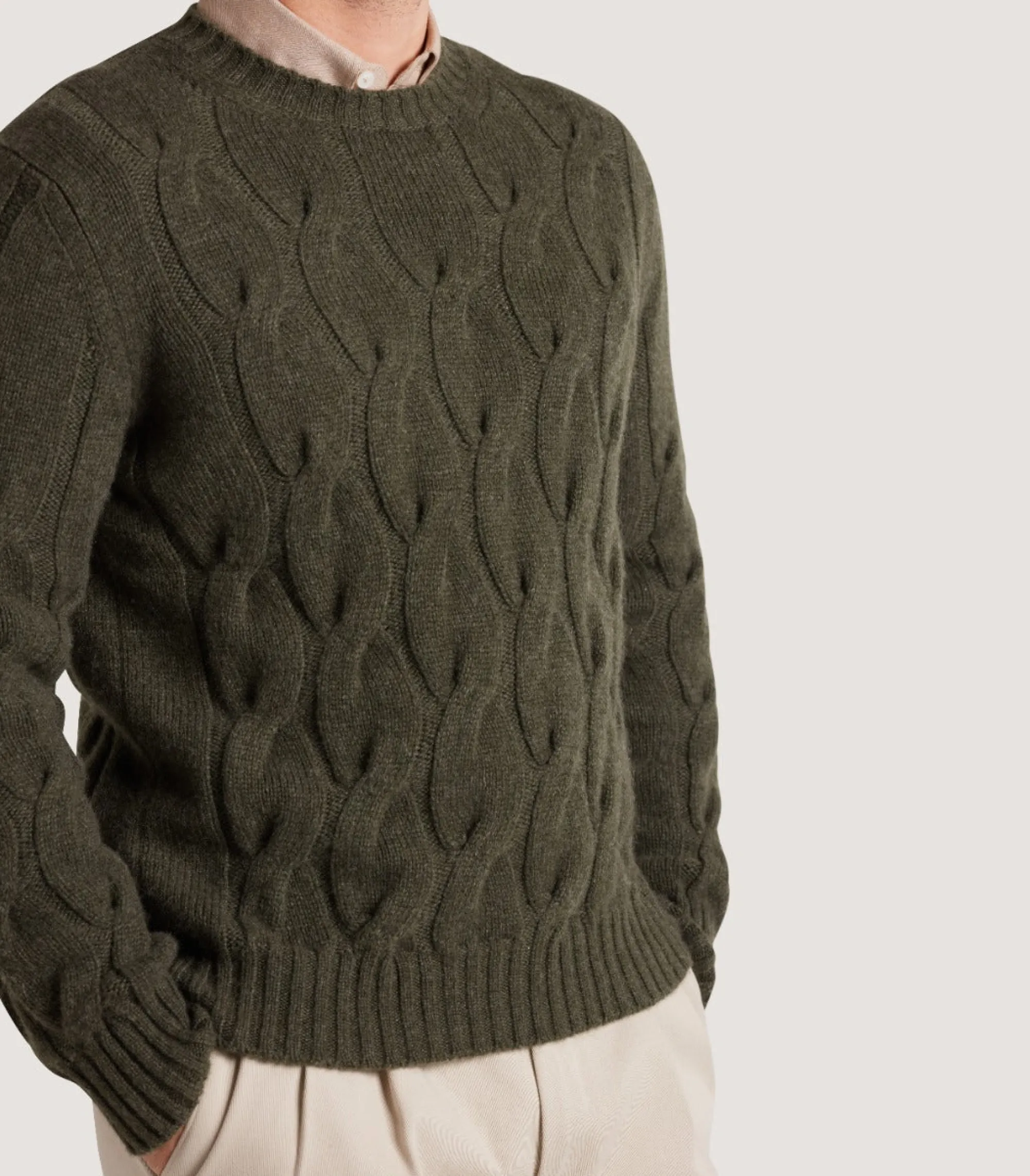Knitwear|Purdey Men's Cashmere Loch Cable Crew Neck Sweater In Loden