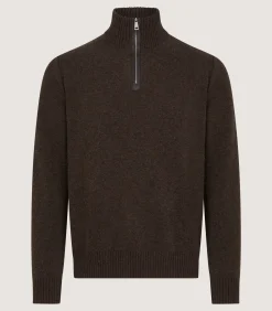 Knitwear|Purdey Men's Cashmere Quarter Zip Sweater in Walnut