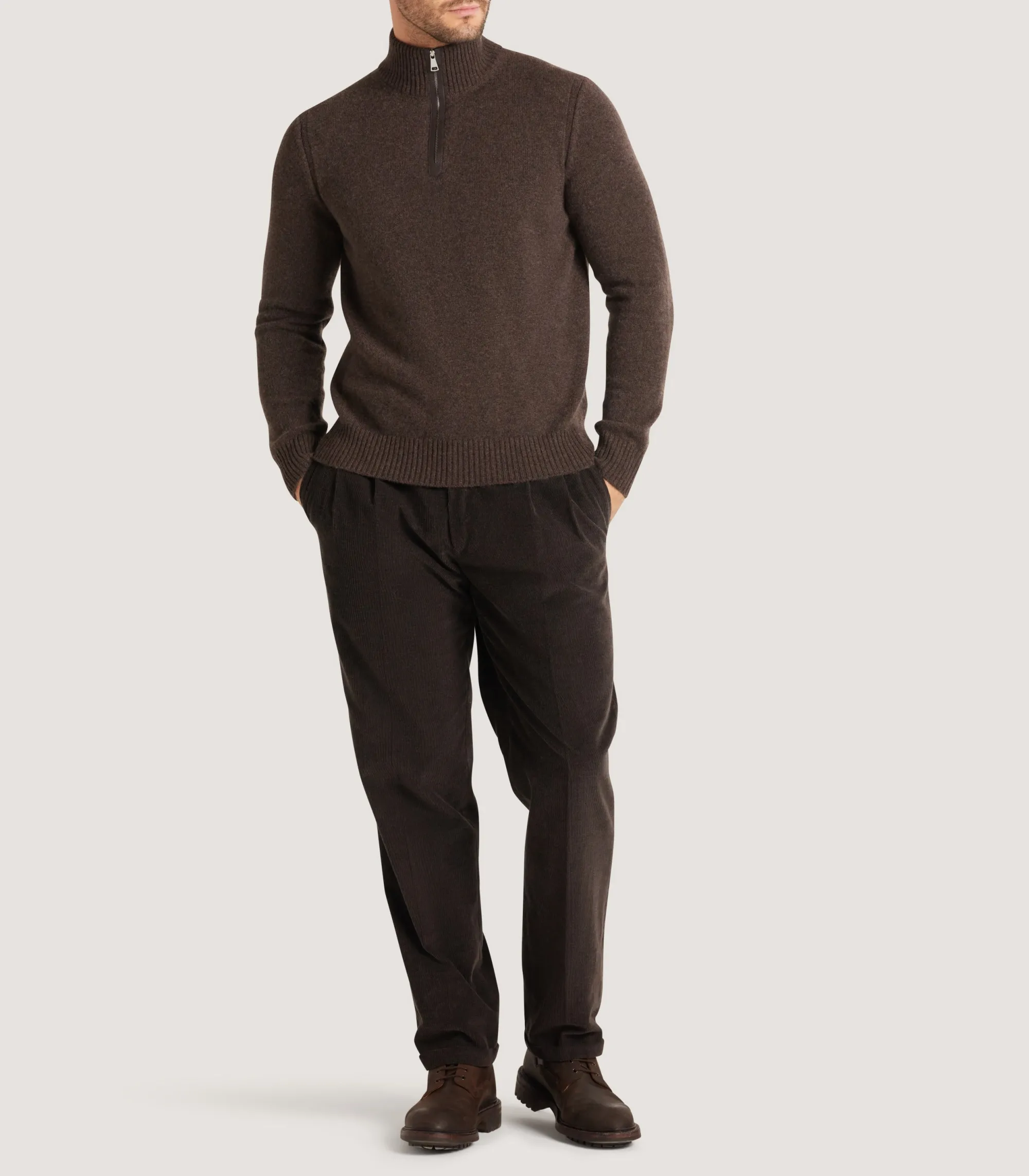 Knitwear|Purdey Men's Cashmere Quarter Zip Sweater in Walnut