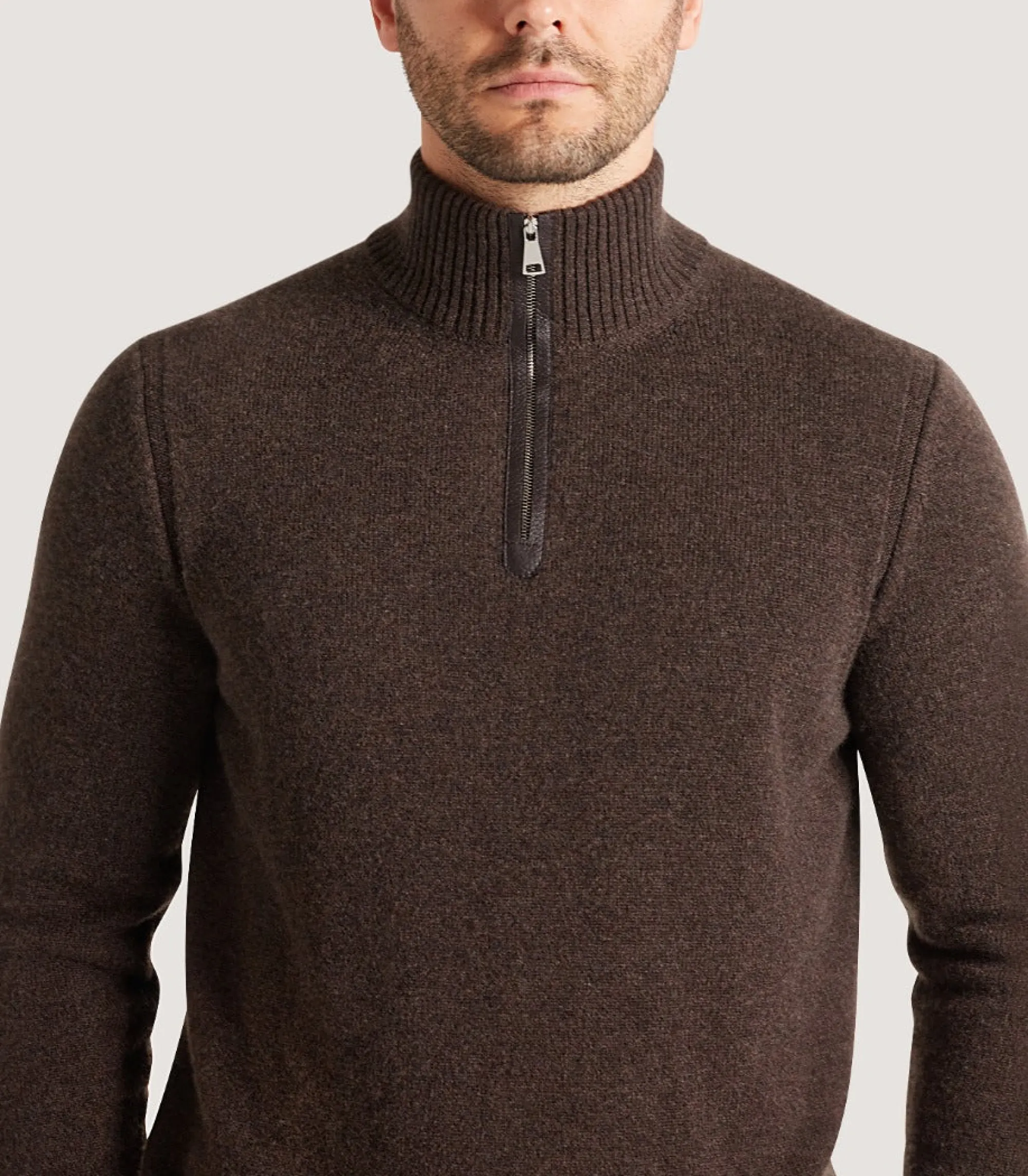 Knitwear|Purdey Men's Cashmere Quarter Zip Sweater in Walnut