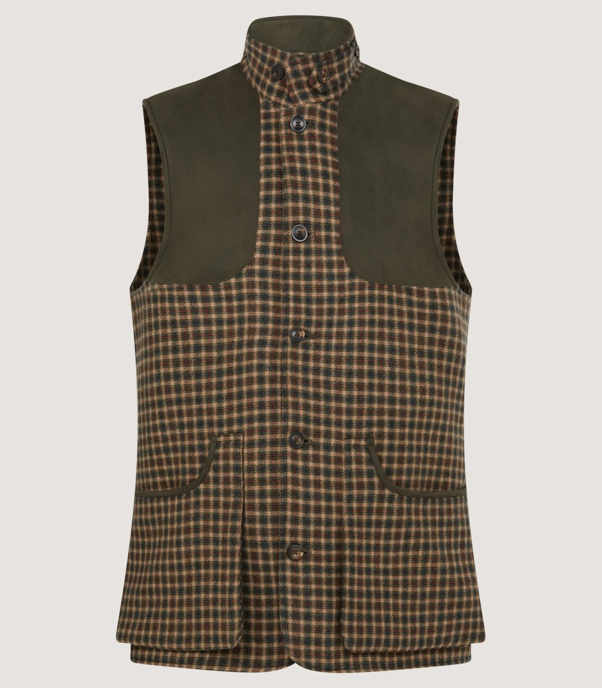 Sporting Vests & Gilets|Purdey Men's Cashmere Tweed High Collar Sporting Vest in Langshaw