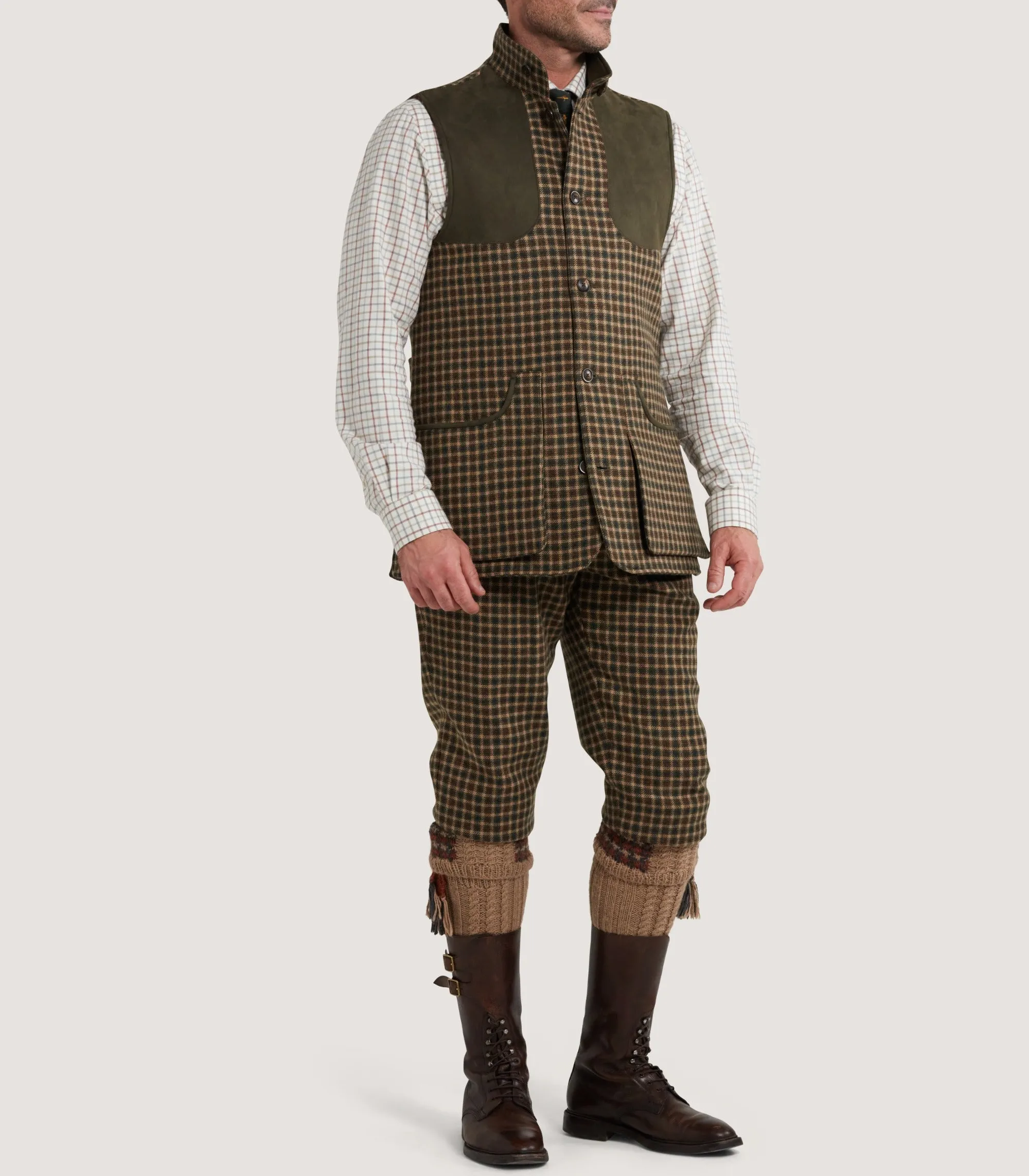 Sporting Vests & Gilets|Purdey Men's Cashmere Tweed High Collar Sporting Vest in Langshaw