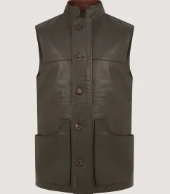 Sporting Vests & Gilets|Purdey Men's High Collar Leather Sporting Vest In Brown