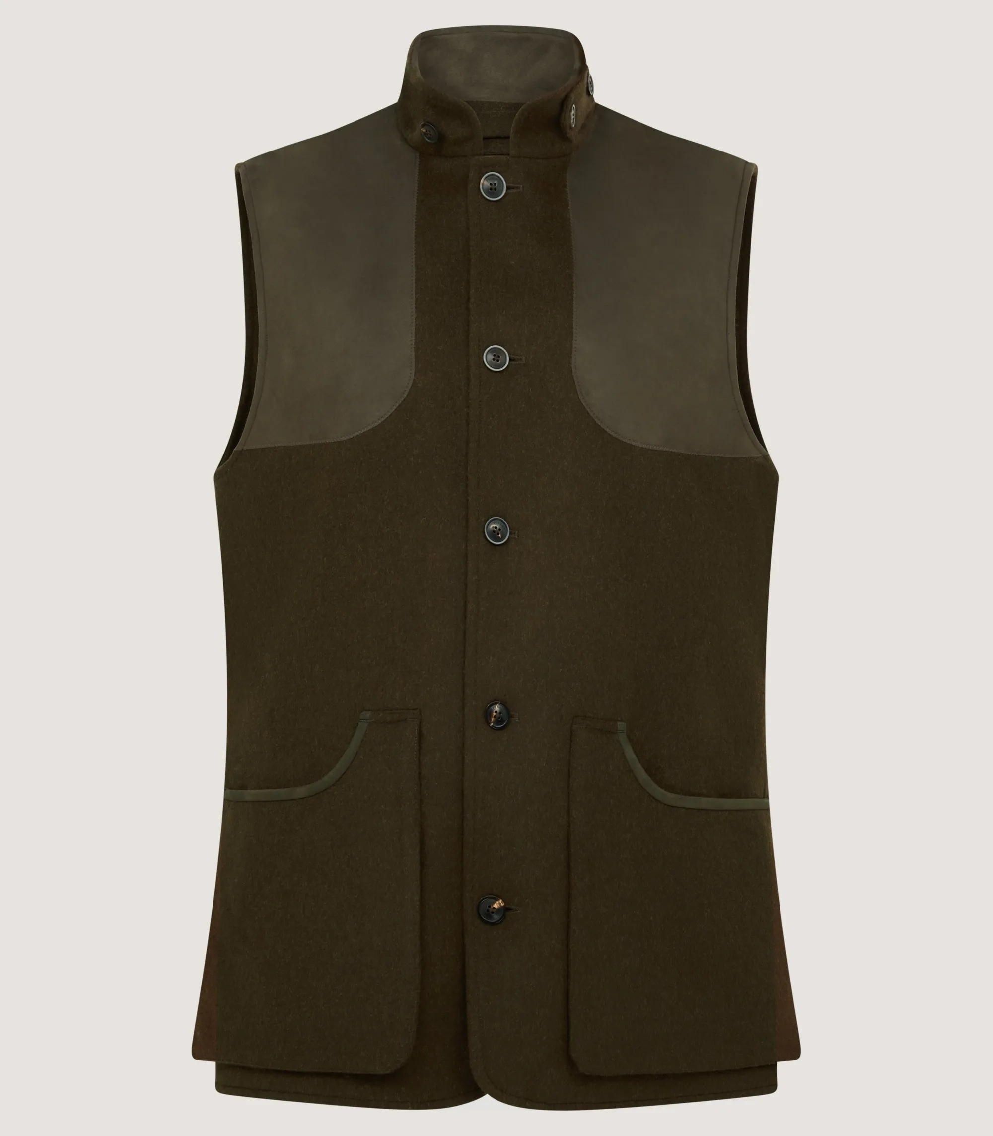 Sporting Vests & Gilets|Purdey Men's Loden High Collar Sporting Vest in Loden