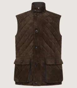 Sporting Vests & Gilets|Purdey Men's Suede Padded Gilet in Walnut