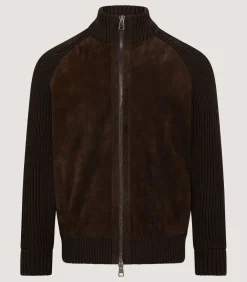 Fleece & Jackets|Purdey Men's York Suede Zip Front Knitted Cardigan in Chocolate