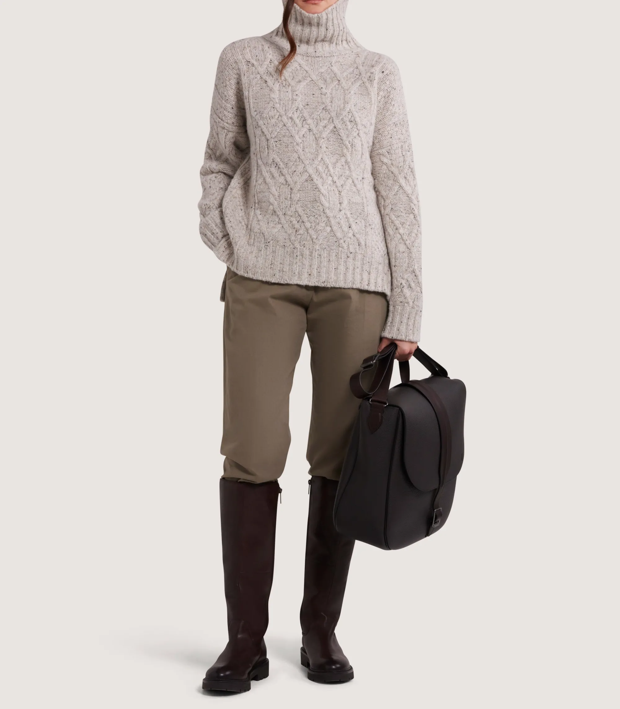 Knitwear|Purdey Women's Cashmere Donegal High Neck Tunic Sweater in Ivory