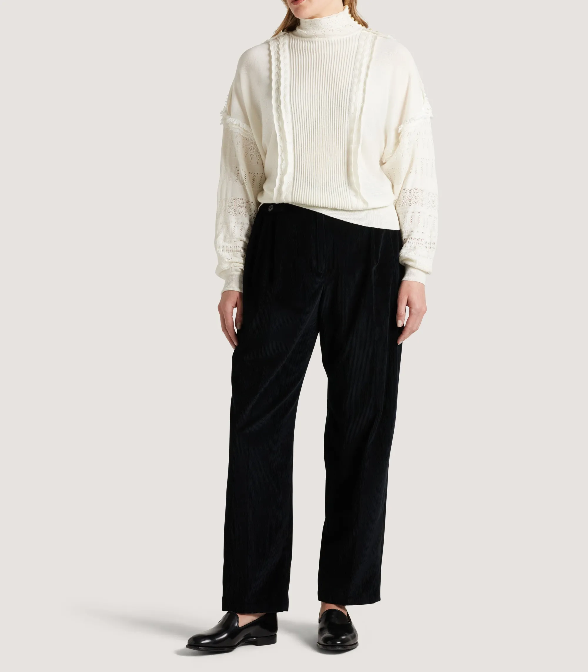 Knitwear|Purdey Women's Cashmere Sweater Blouse With Lace Trim In Ivory