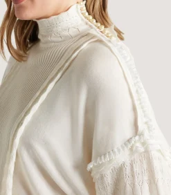 Knitwear|Purdey Women's Cashmere Sweater Blouse With Lace Trim In Ivory