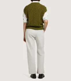 Knitwear|Purdey Women's Cotton Cashmere Aran Crew Neck Tank in Olive