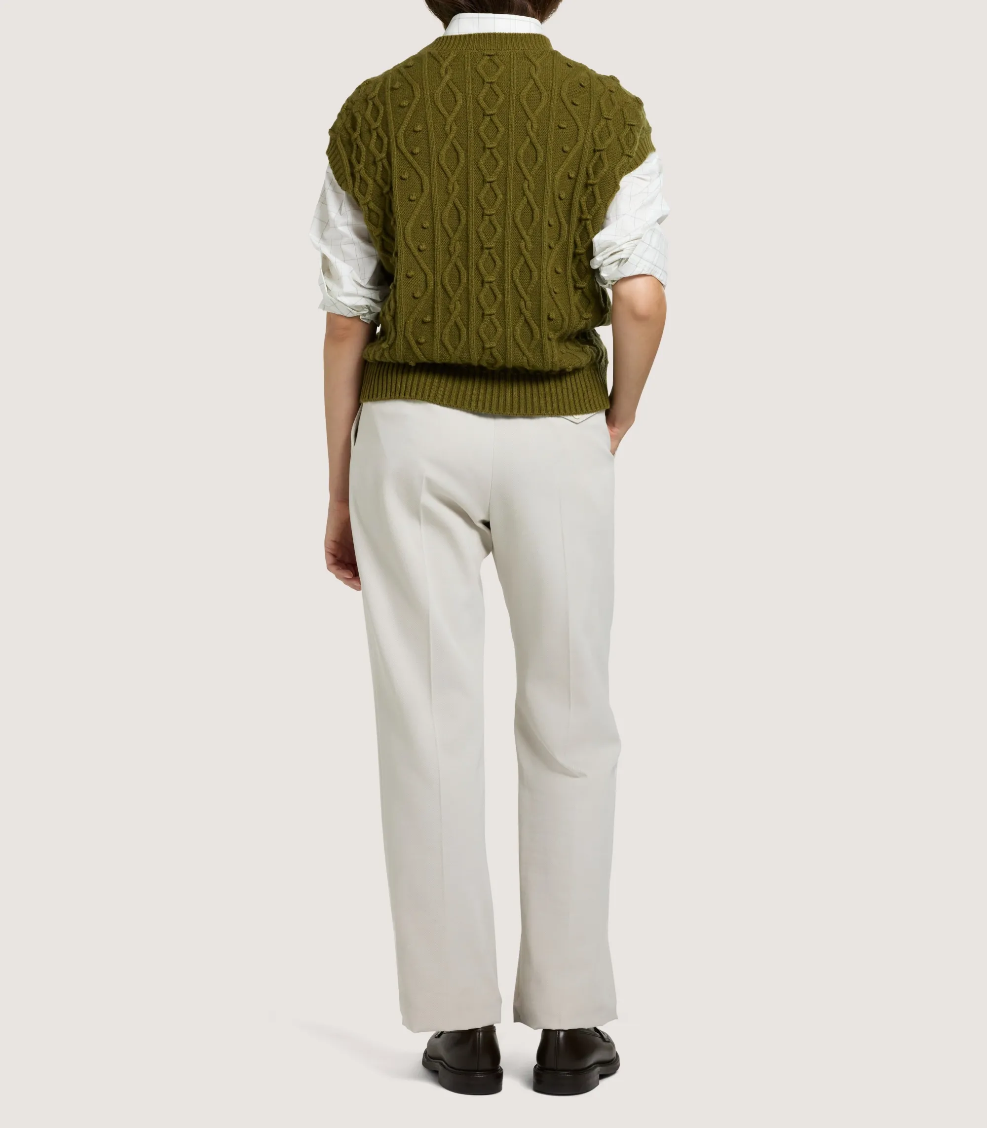 Knitwear|Purdey Women's Cotton Cashmere Aran Crew Neck Tank in Olive