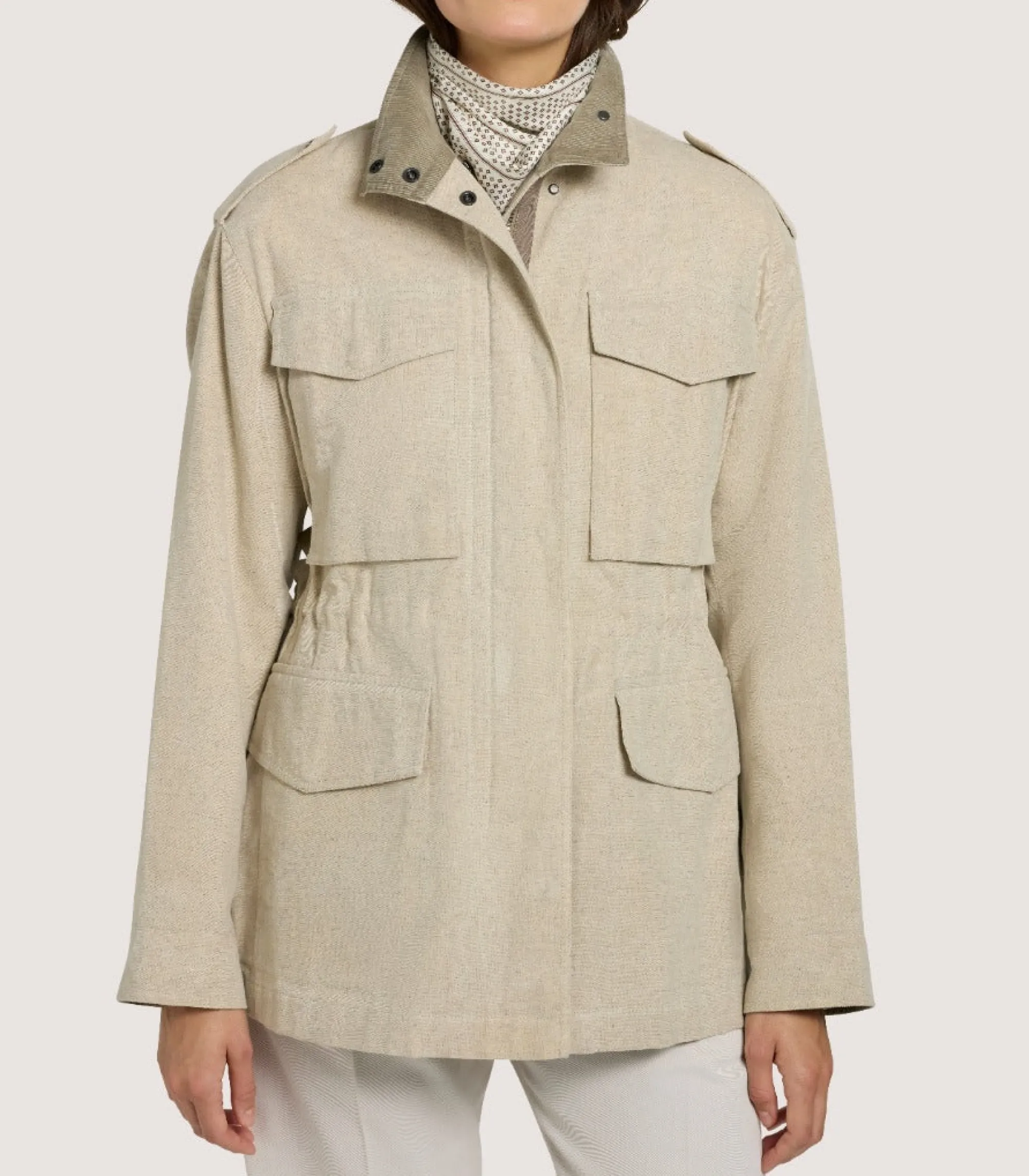 Fleece & Jackets|Purdey Women's Cotton Linen Field Jacket in Pale Stone