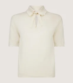 Shirts & Polos|Knitwear|Purdey Women's Silk Jersey Polo Shirt with Lace Trim in Ivory
